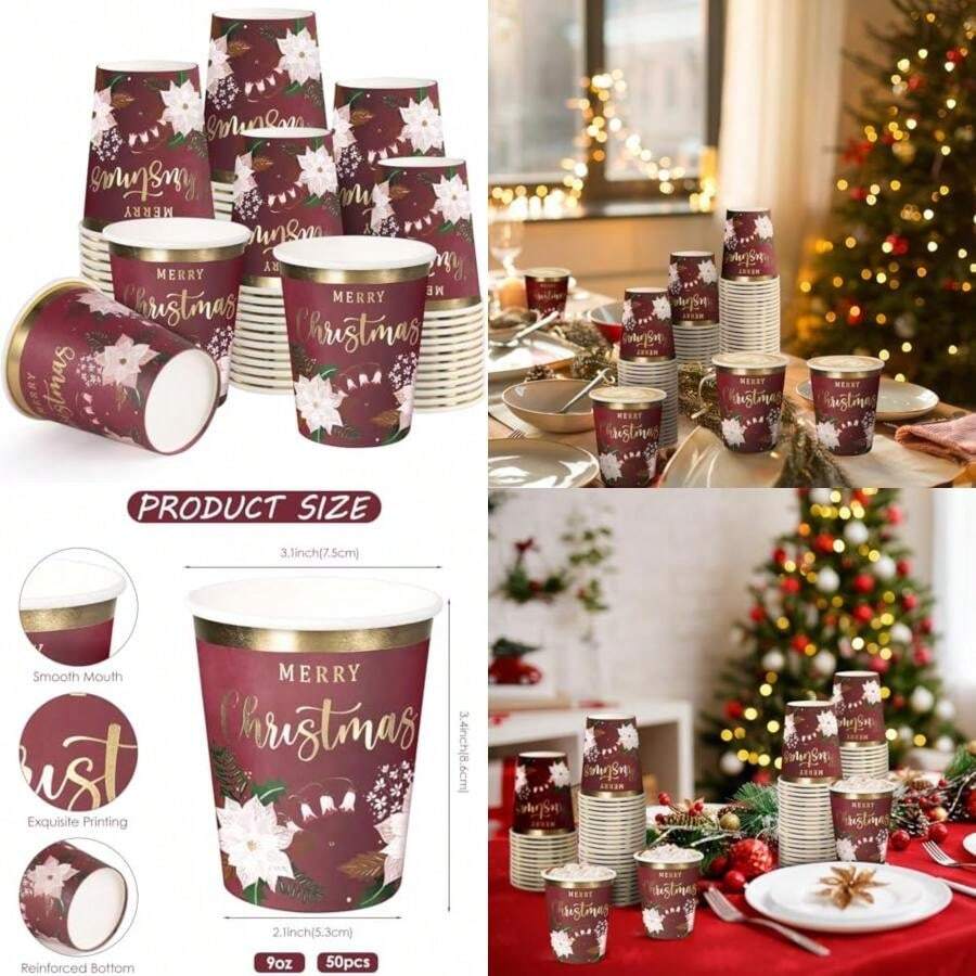 WRAPAHOLIC 50 tazas de papel de Navidad – tazas desechables de 9 onzas y hojas, suministros de fiesta para jugo, café, bebidas frías y calientes(Poinsettia rojo) - Multicolor - Ver 1