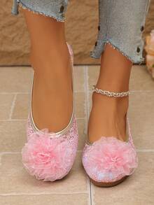 一双优雅女士玛丽珍鞋，经典刺绣鞋面，3D中国风花卉图案，复古休闲一脚蹬平底鞋，舒适柔软鞋底，适合搭配连衣裙、牛仔裤、短裤，日常穿着，也适合派对、海滩、校园等场合。 - 粉色 - 查看 8