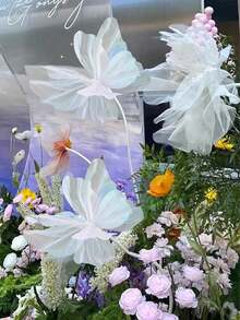 1 pièce Fleur artificielle géante 3D en fil de soie avec décoration papillon, grande décoration florale pour fête d'anniversaire, fleurs faites à la main pour décoration de mariage, salon, centre de table de mariage, décoration murale, faux papillon en gaze, vitrine de magasin, jardin extérieur, chambre, balcon de la maison - Multicolore - Voir 5