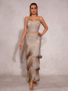 新款时尚性感流苏钻石吊带露背拉链长裙，优雅女士正式晚礼服，婚礼宾客礼服，节日圣诞派对礼服 - 卡其色 - 查看 1