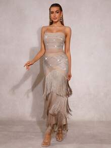 新款时尚性感流苏钻石吊带露背拉链长裙，优雅女士正式晚礼服，婚礼宾客礼服，节日圣诞派对礼服 - 卡其色 - 查看 6