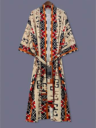 Bohemian Style Striped & Plaid Print Mid-Length Kimono Cover Up Thin Outerwear For Women, Elegant Street Casual Cover-Up, Beach Travel Holiday Robe, Dress Shawl Thin Cloak Outerwear