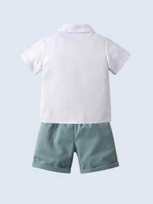 BOARNSEORL 2pcs Young Boys Gentleman Outfit - Mint Green Vest Top With Shirt & Bow Tie, Shorts, Stylish Formal Attire Suitable For Baby Shower, Birthday Party, Wedding, Ring Bearer - Blue - View 6
