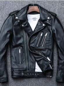 Men's Leather Jacket With A Collar - New Autumn-Winter Style Men's Leather Coat - Washed Machine-Washable - Motorcycle-Style Men's Leather Jacket - màu đen - Xem 1