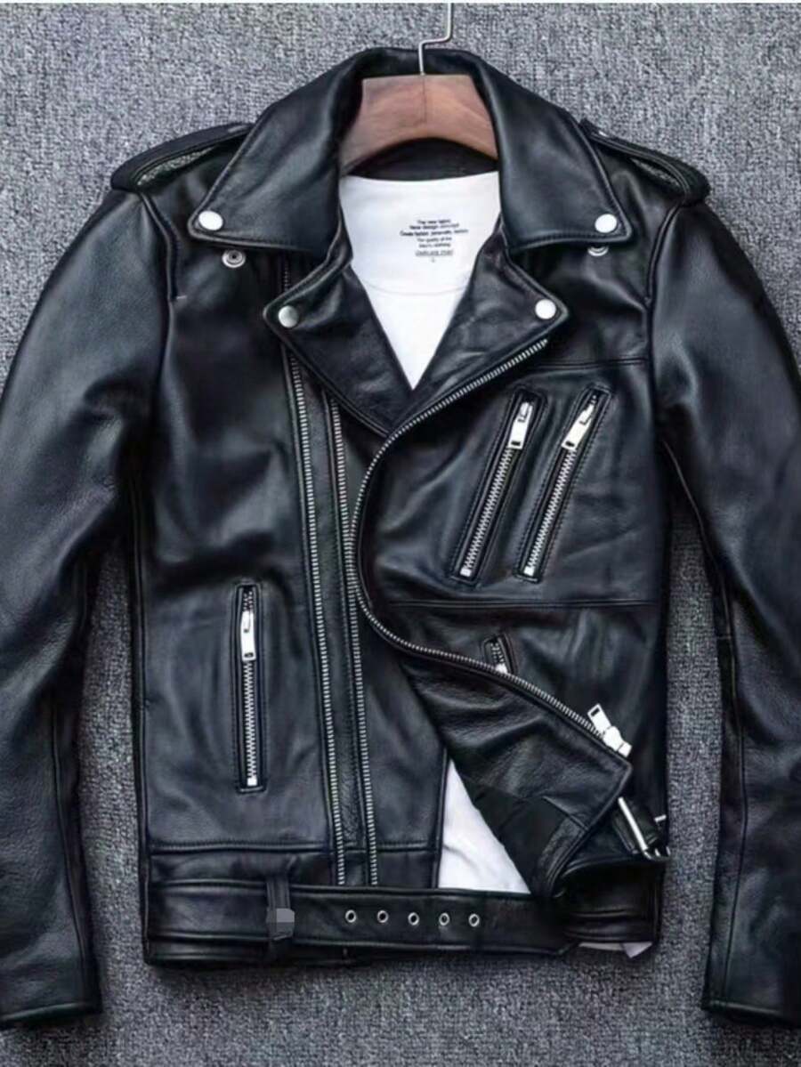 Men's Leather Jacket With A Collar - New Autumn-Winter Style Men's Leather Coat - Washed Machine-Washable - Motorcycle-Style Men's Leather Jacket - màu đen - Xem 1