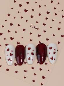4张情人节主题美甲贴纸，白色、粉色、酒红色和闪光红色爱心图案，轻松DIY美甲装饰，女士及女孩美甲配件 - 彩色 - 查看 8