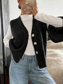 Women's Casual Solid Color V-Neck Long Sleeve Button-Up Knit Vest, Suitable For Spring And Autumn Outfits - Black - View 5