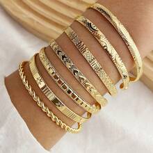7pcs Vintage Hexagram Embossed Bangle Bracelet Set, Stackable Bracelets For Women - Gold - View 4