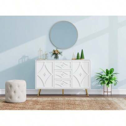Elegant Kommode Mit Rautenmuster – White Sideboard Mit 3 Schubladen & 2 Türen, Goldfüße, 120*40*80 Cm, Modernes Design Für Wohnzimmer, Flur Oder Schlafzimmer