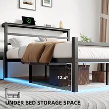 Twin/ Full/ Queen Size Bed Frame With LED Lights, Metal Bed Frame With Charging Station, Headboard Storage Shelf, Heavy Duty Metal Slats, No Box Spring Needed, Noise Free, Easy Assembly, Black ( USB LED Strip) - Black - View 5