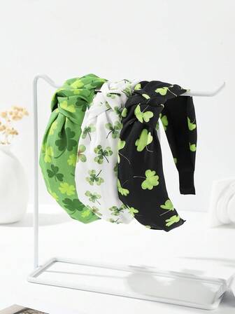 3件套圣帕特里克节绿色三叶草头箍，成人布艺服装配饰，发带，发箍