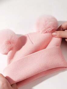 1/2/3pcs Kids Winter Hat Toddler Knitted Beanie With Faux Fur Pom Poms For Baby Girls Boys - Double Wool Ball Hat - View 4