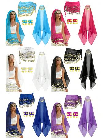 ชุดอุปกรณ์เสริมระบำหน้าท้อง - ผ้าคลุมสะโพกชีฟองประดับเหรียญ, ผ้าคลุมศีรษะ และสร้อยข้อมือ เหมาะสำหรับการแสดงเต้น