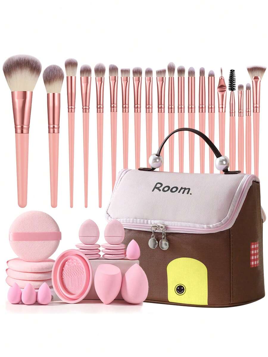 40件套化妆刷套装，多功能美妆工具套装，包含腮红刷、散粉刷、眼影刷、化妆海绵、卸妆粉扑、刷子清洁碗、化妆包，适合日常面部彩妆 - 粉色 - 查看 1