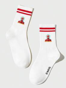 Marvel 5/3/1 双装情侣/男士/女士白色运动袜，饰有酷炫可爱的蜘蛛侠卡通图案，经典简约柔软舒适校园风中筒袜，个性化时尚透气吸湿排汗黑红双条纹袜，适合生日派对/户外运动/校园活动/节日聚会 - 白色 - 查看 11