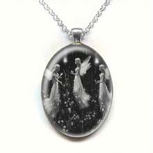 A Three Fairies Pendant, Black And White, Fantasy Wonderland, Exquisite Patterns, Gift Accessories Pendant Necklace Oval Alloy Glass Pendant Romantic Fashion Jewelry Accessories Ideal For Christmas Gifts, Mother's Day Gifts, Father's Day Gifts, Valentine's Day Gifts, Daily Wear - 1pc - 查看 2