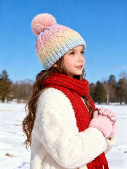 1 Set Ombre Candy Color Knit Hat, Suitable For Girls To Keep Warm And Protect Ears In Winter. Single Ball Knitted Hat Set, Suitable For Winter Travel.