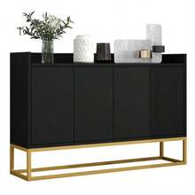 Modern Minimalist Sideboard, 4-Door Handleless Buffet For Dining Room, Living Room, Kitchen (White) - 黑色 - 查看 1