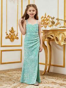 Tween Girl Mermaid Hem Sequin Cami Formal Dress - Mint Green - View 5