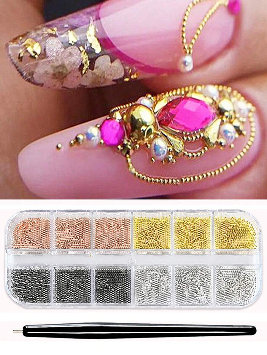 Caja de 12 piezas Cuentas metálicas de acero inoxidable de colores mixtos para decoración de arte de uñas, Mini bolas de caviar 3D de 1 mm, colgante plateado, perlas falsas, suministros para uñas, joyería para uñas