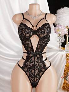Hollow Lace Sexy Jumpsuit - Adjustable Spaghetti Straps - Black - View 2