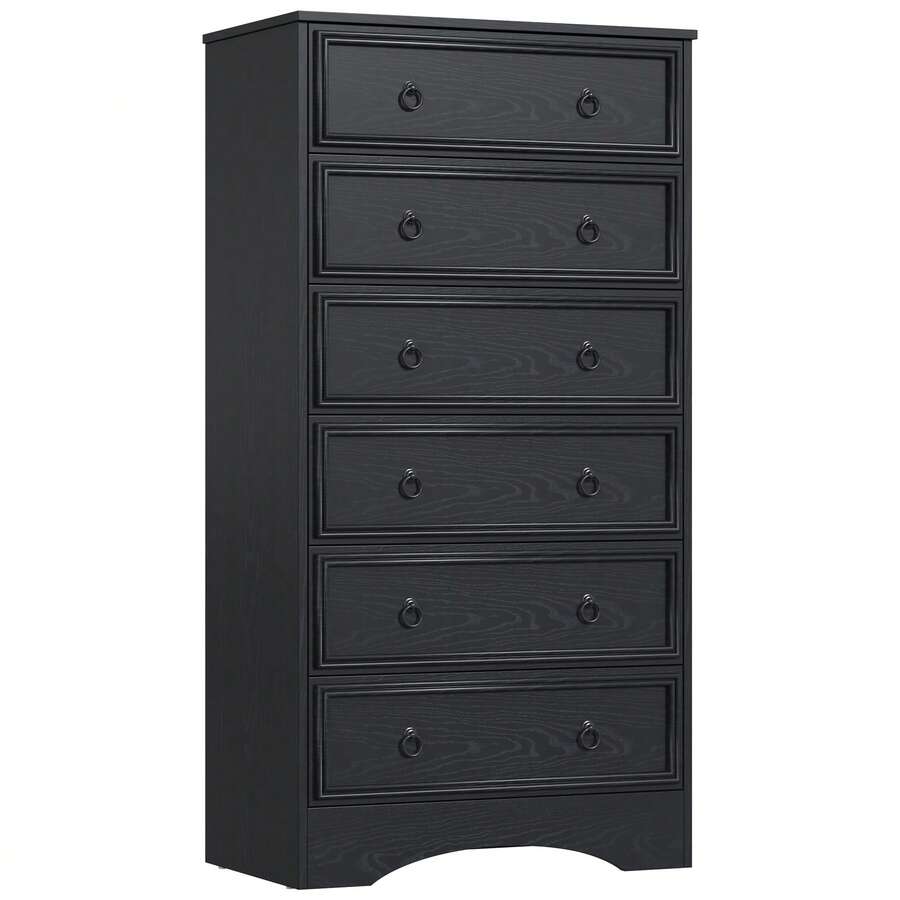 6 Drawer Dresser For Bedroom, 52'' Tall Grey Dresser With Deep Drawers, Modern Tall Dresser Farmhouse Wooden Dresser Chest Of Drawers For Living Room, Hallway, Entryway - 黑色 - 查看 1