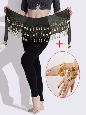 Set de 2 piezas Cadena de cintura y pulsera con monedas para danza del vientre de mujer, cinturón de danza para actuación, accesorios para atuendo de práctica