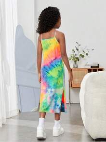 Tween Girls' Summer Knit Spaghetti Strap Dress, Tie-Dye Print Fitted Tank Dress, Summer Style, Suitable For Beach - Multicolor - View 2