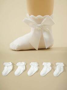 Conjunto de 5 pares de meias brancas com laço decorativo, fofas e simples para recém-nascidos. - Multicolorido - Ver 7