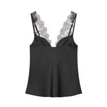 Women Contrast Lace Sexy Sling Sleeveless Tops, Fashion Deep V Neck Elegant Top, Chic Street & Beach Vacation - Black - View 4