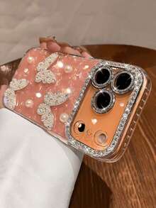 Luxury Rhinestone ‌Bling Lens Protector‌ 3D Cute Pearl Butterfly Phone Case Compatible With IPhone17ProMax 17Pro 17Air 17 16 15 14 13 12 Pro Max 11 Shockproof Case Lovely Protective Back Cover - Pink - View 4