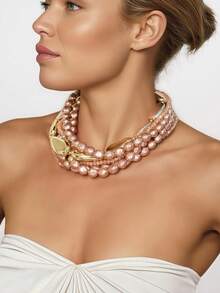 复古玫瑰金仿珍珠多层项链，奢华夸张颈链，时尚百搭配饰 - 查看 1