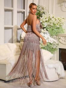 Nuevo vestido largo elegante y sexy con cuello colgante de flecos y lentejuelas, vestido formal para mujeres, invitadas de boda, fiestas navideñas y de vacaciones