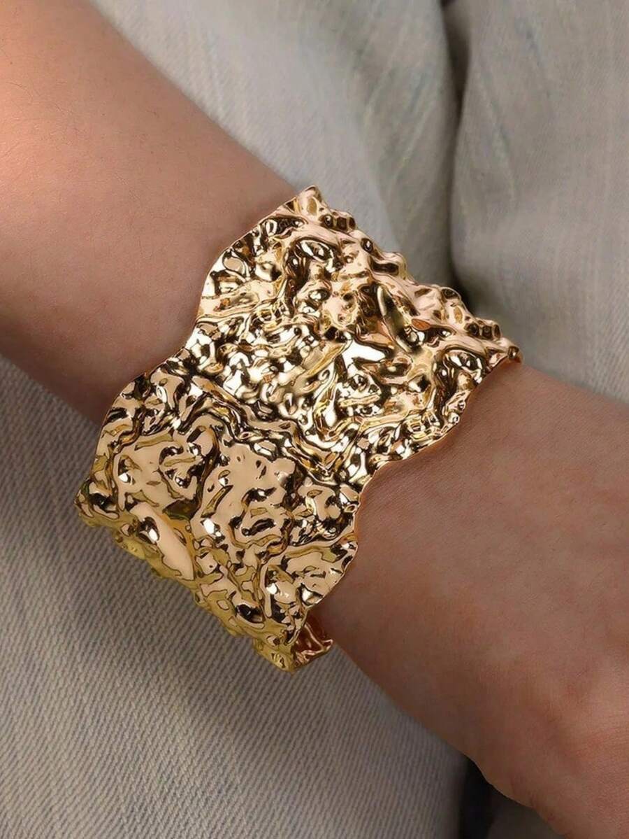 Gold Wrinkle Bangle Bracelet Stainless Steel Cuff Hand Ornament Exquisite Punk Jewelry For Women - Gold-color - View 1