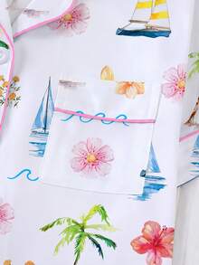 Marira 2pcs Women's Sleepwear Set, Hawaiian Flower & Sailboat Print, Fashionable Outfit For Parties, Short Sleeve Shirt Collar Button-Up Top And Elastic Shorts, Casual Loungewear For Outdoor & Indoor, All Season - 白色 - 查看 6