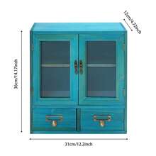Rainaut Set Of Freestanding Solid Wood Blue Rustic Vintage Mini Wood Counter Top Cabinet With 2 Drawers,Display Case With Magnetic Glass Door, Wall Storage Cabinet For Living Rooms, Kitchens, Offices, Bathrooms, Laundry Rooms, Dressing Rooms, Dormitories, Bedrooms, , And Other Places,Bue - 藍色 - 查看 9