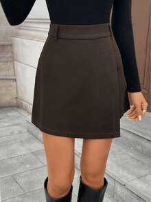 女士休闲纯色裹身短裤，通勤风格，不对称叠层设计 - 学院风，70年代复古风，舒适休闲，通勤必备，复古魅力，适合学校、教学、办公等各种场合，适合春、夏、秋季穿着。 - 棕色 - 查看 6