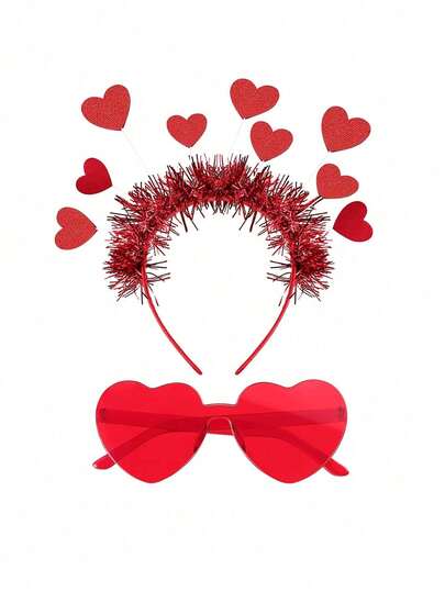 2pcs/Set - Valentine's Day Heart Headband - Valentine's Day Heart Glasses With Red Heart Tassel Design - Valentine's Party - Birthday Hair Accessories - Women Headband - Gift Headband, Valentine's Gift, Valentine's Decor, Valentine's Party