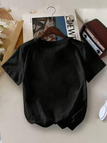 少女卡通爱心“67”印花短袖T恤，少女夏季圆领衬衫 - 黑色 - 查看 2