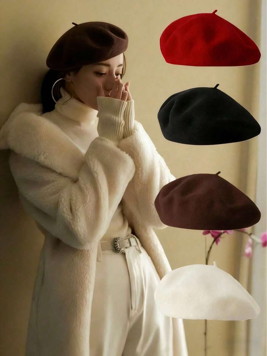 1pc Women's Casual Beret, Autumn And Winter, Outdoor Breathable And Comfortable Casual Hat, Retro Pumpkin Style, Korean Women's Fashion, Japanese Casual Wool Warm Hat, Monochrome Beret, Halloween, Christmas Decorative Hat, Fashionable And Versatile, Holiday Gift Giving ﻿ - Multicolor - View 1