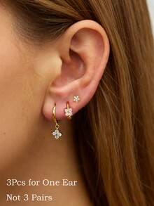 Bộ 3 khuyên tai mặt dây chuyền hình hoa đính đá Zirconia kiểu cổ điển, có thể đeo nhiều lớp, mạ vàng 14K, làm bằng thép không gỉ nhẹ, kiểu dáng unisex, có thể đeo ở sụn tai, dái tai hoặc vành tai. - Vàng-3 - Xem 5