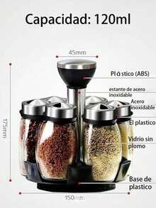 Especiero 6 Frascos Vidrio Giratorio Organizador Condimentos - Óxido marrón - Ver 2