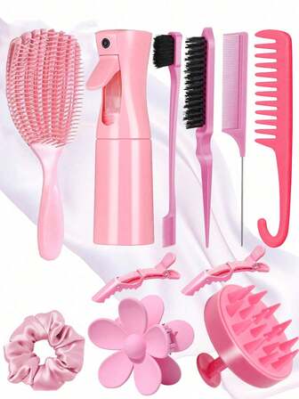 11PCS Hairstyling Set, 200ml Continuous Fine Mist Spray Bottle, Shell Scalp Shampoo Brush, Premium Wide Tooth Comb, Circular Massage Comb, Crocodile Hair Clip, Flower Hair Clip, Elastic Headband, Playful Brush With Mouse Tail Comb Edge Brush, Suitable For Hairstyle Design, Barber, Travel, Outdoor, Sports, Office, School, Hair Clip, Hair Accessories, Back To School Supplies