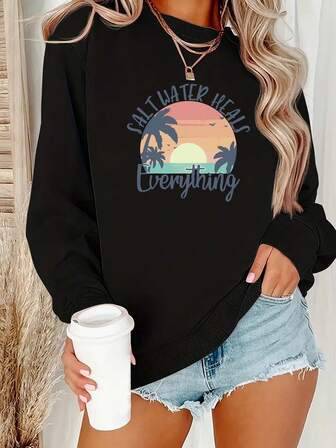 Plus Size Women's College Sunset Palm Tree Ocean "SALT WATER HEALS Everything" & "Everything" Text Pattern Sweatshirt Round Neck Long Sleeves Casual Spring/Summer/Fall Women's Plus-Size Long-Sleeved Sweatshirt Thanksgiving Day Going Out Tops Women,Vacation Outfits Women
