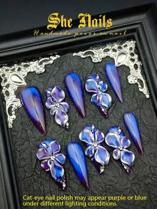 She Nails Acrylic Nail Art Set, Adorable Baroque Punk Rock Y2K Gothic Chrome Gold Nail Designs, Includes 10pcs Nail Stickers, Styles Include Midwest American And European French Glossy Metallic Cat Eye Black, Gold, Blue, Long Pointed Acrylic Handmade Press-On Nails. - Blue - View 2