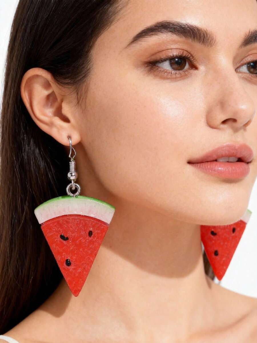 1 pieza Pendientes con forma de sandía de resina, y estilo europeo/americano divertido - Rojo - Ver 1