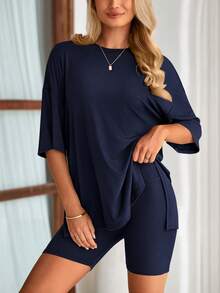 PRETTYGARDEN Women's Summer Clothes 2 Piece Sets Lounge Set Casual Oversized Shirts Biker Shorts Matching Airport Travel Sweatsuit Set Women Vacation Outfit Navy Blue Summer Brunch Outfits  For Women - 藏蓝色 - 查看 4