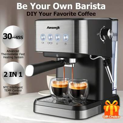  AEOMJK Professional Semi-Automatic Espresso Machine With Steam Frother - Heavy-Duty 20 Bar Espresso Maker, Black/Chrome Commercial & Home Coffee Machine, 1.5L (1.3-1.89L) Detachable Tank, Temperature Control - Ideal For Home, Office, Cafes - Perfect Gift For Coffee Lovers
