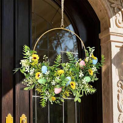 Multi Colored Plastic Easter Wreath 40*40cm Creative Plastic Artificial Flowers And Easter Egg Decorative Flower Garlands