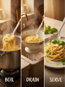 1 pieza Cuchara de espaguetis de silicona blanca. El Body de la cuchara es resistente al calor y la superficie suave no rayará los utensilios de cocina. Se usa para servir espaguetis y macarrones. El pequeño orificio en el mango de la cuchara puede drenar el caldo de la pasta. El mango está hecho de material de silicona con un agarre de madera cómodo que no se siente caliente al tacto. El mango tiene un orificio para colgar y facilitar el almacenamiento. Es una herramienta práctica para cocinar pasta en la cocina occidental e italiana. - Multicolor - Ver 5